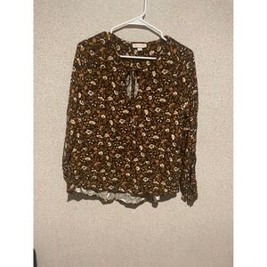 Knox Rose Women's Brown Floral Print Long Sleeve Keyhole Blouse‎ Top
